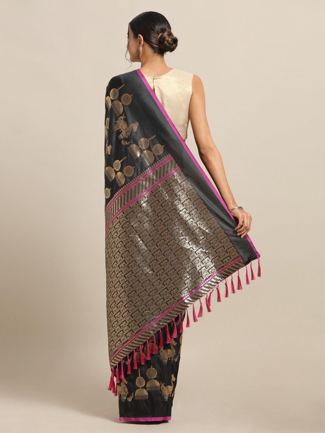  Traditional Black Colour Banarasi Saree With Ethnic Motifs