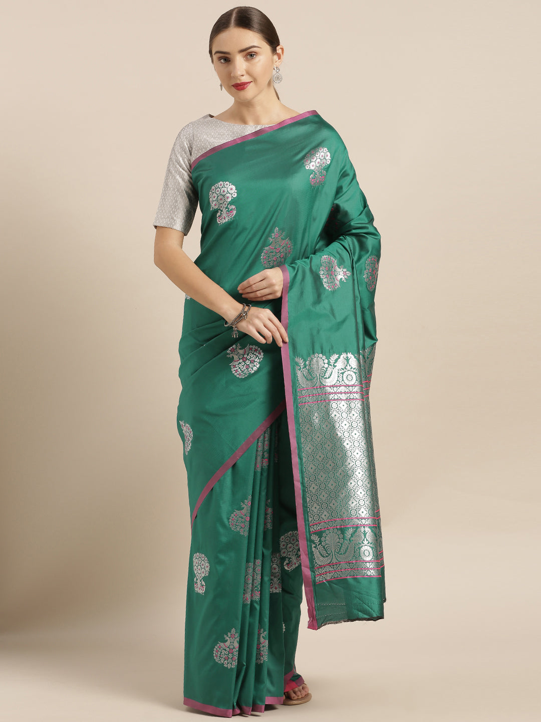 Bottle Green Colour Banarasi Saree with Ethnic Motifs & Zari