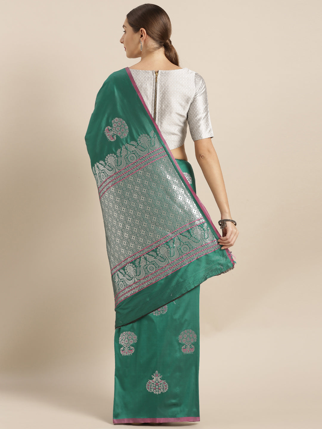 Bottle Green Colour Banarasi Saree with Ethnic Motifs & Zari