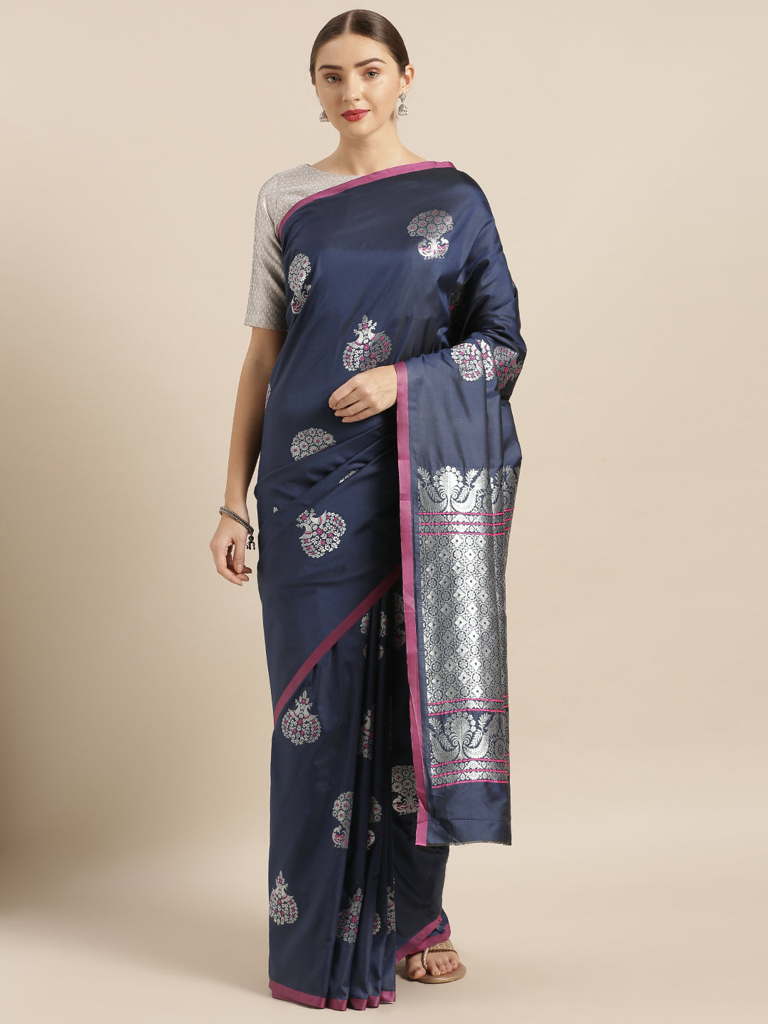  Ethnic Motifs Banarasi Silk Saree in Navy Colour