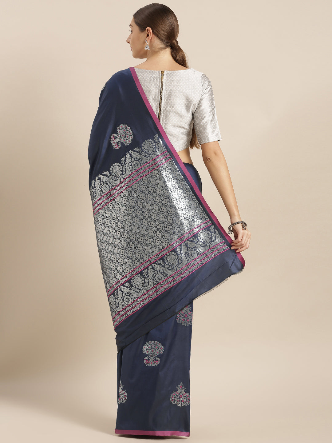  Ethnic Motifs Banarasi Silk Saree in Navy Colour