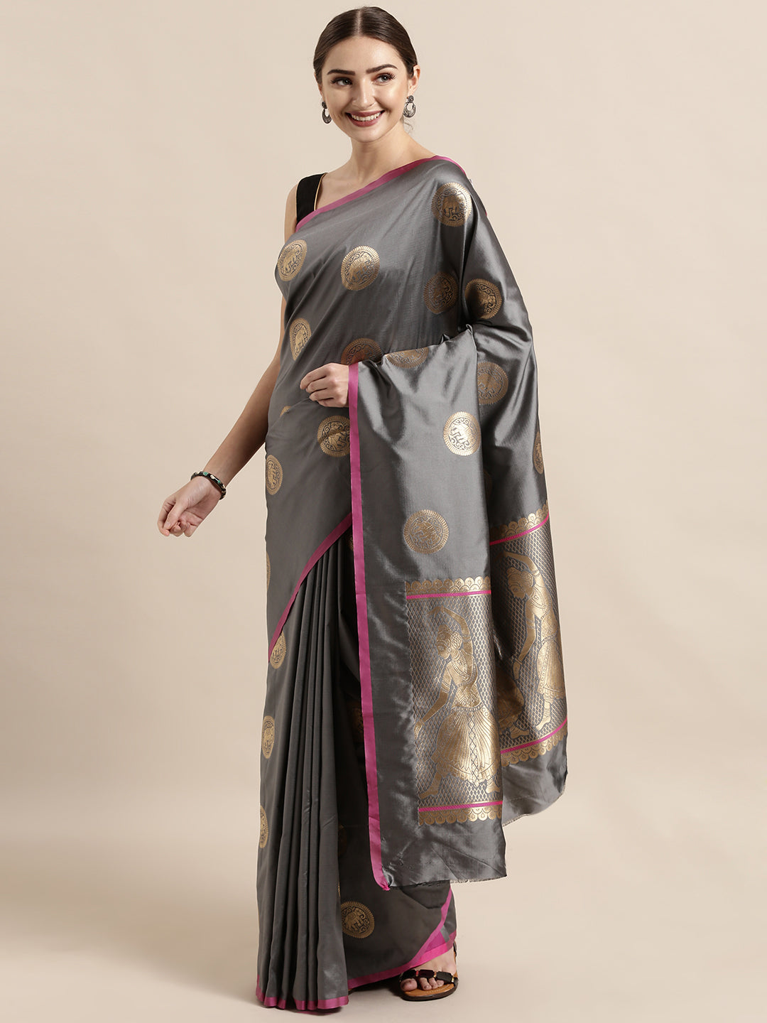  Beautiful Bollywood Grey Colour Silk Banarasi Saree