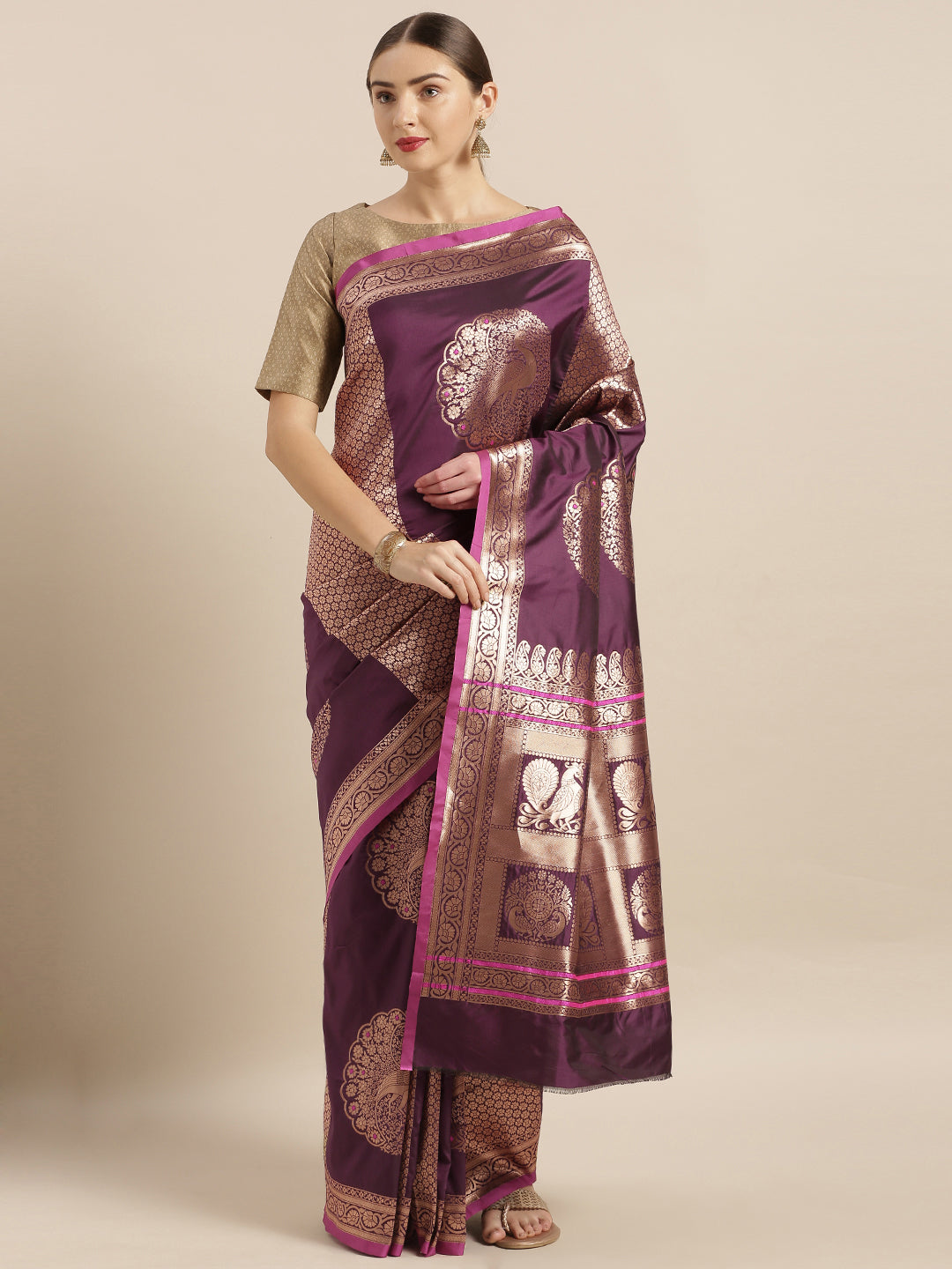  Banarasi Wine Colour Silk Saree With Woven Designs