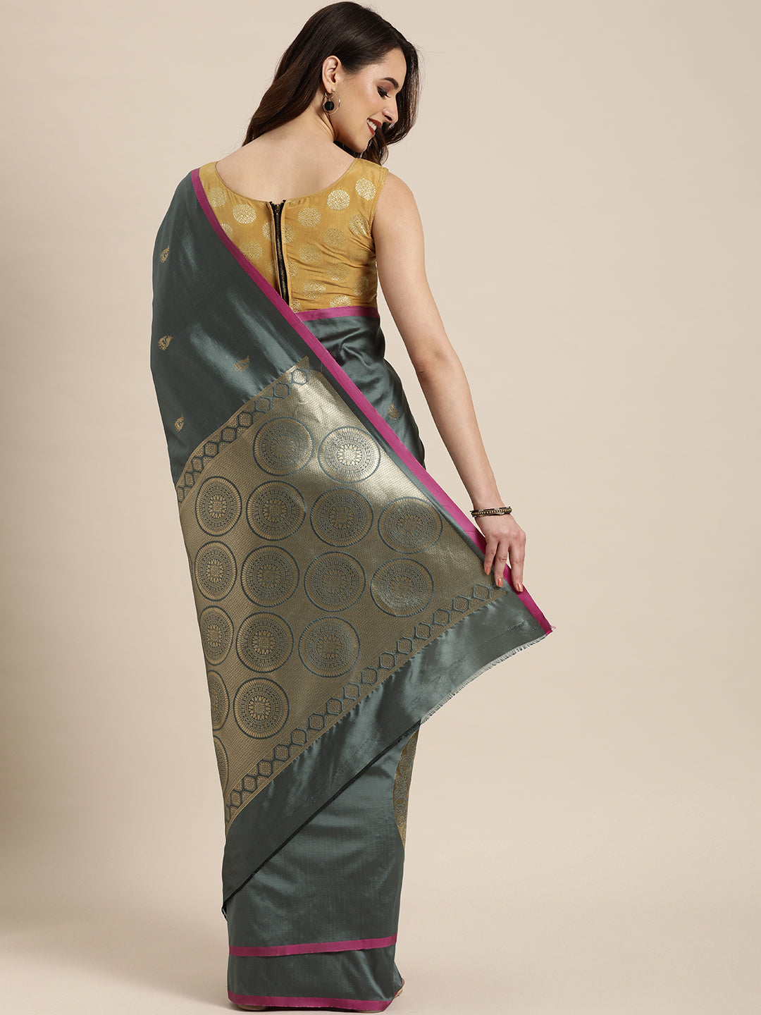  Bollywood Banarasi Grey Silk Blend Saree