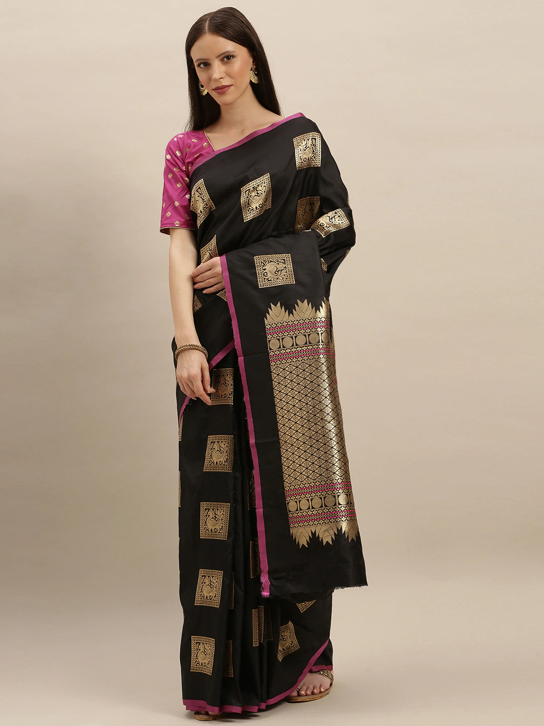 Kanjivaram Black Colour Silk Blend Woven Design Saree 