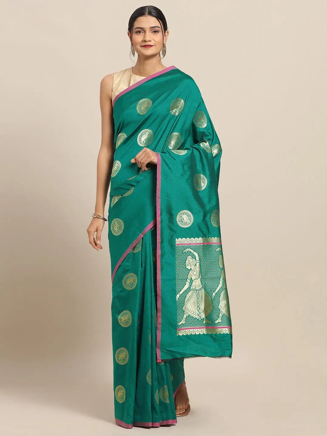 Stylish Banarasi Rama Colour Solid Border Silk Blend Saree 