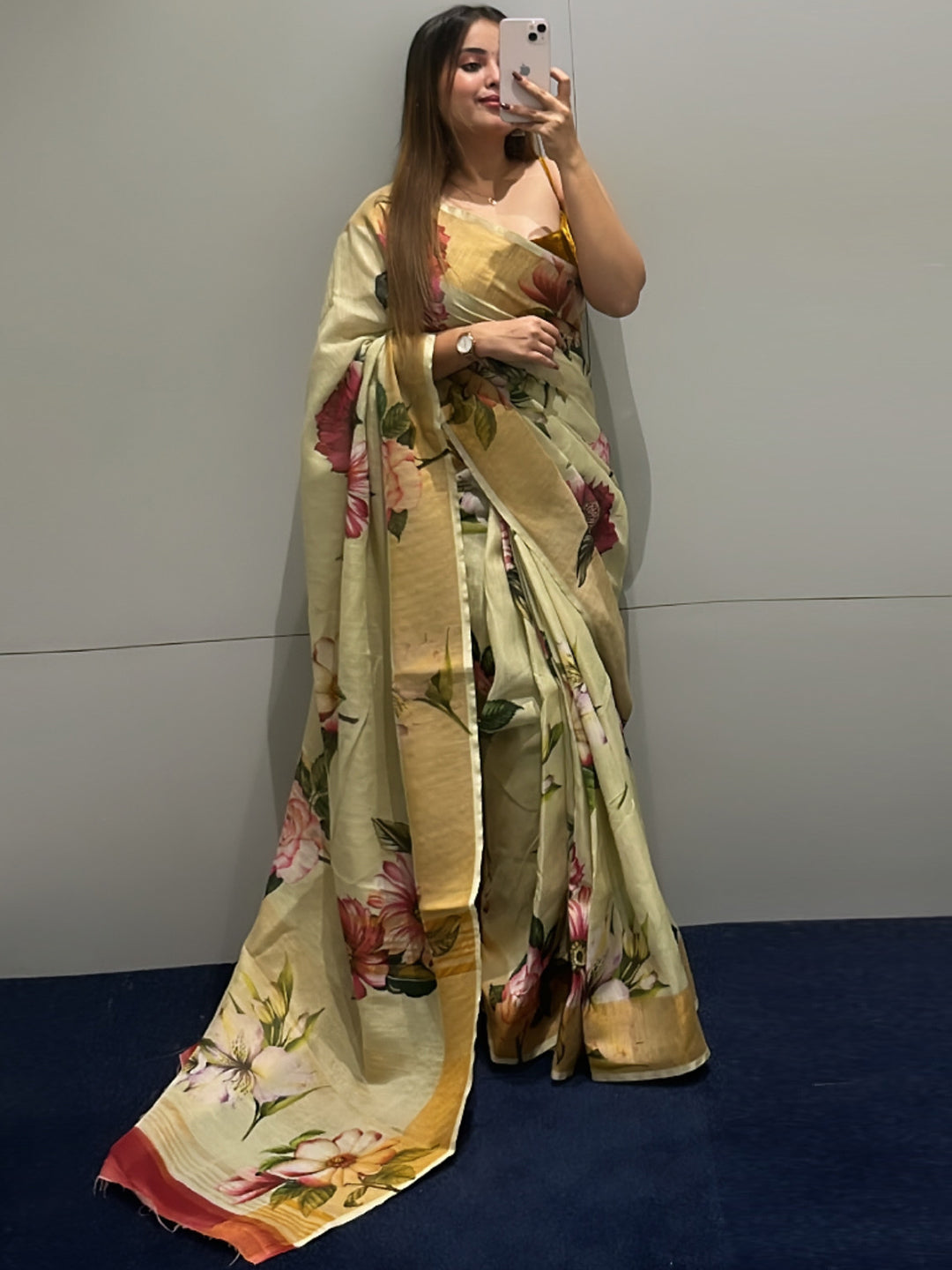 Floral Elegance Pure Linen Saree