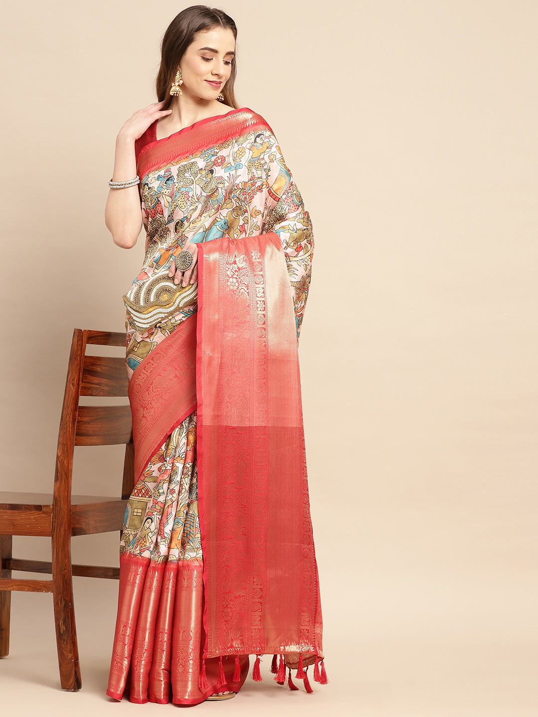  Peach Kalamkari Zari Silk Blend Banarasi Saree