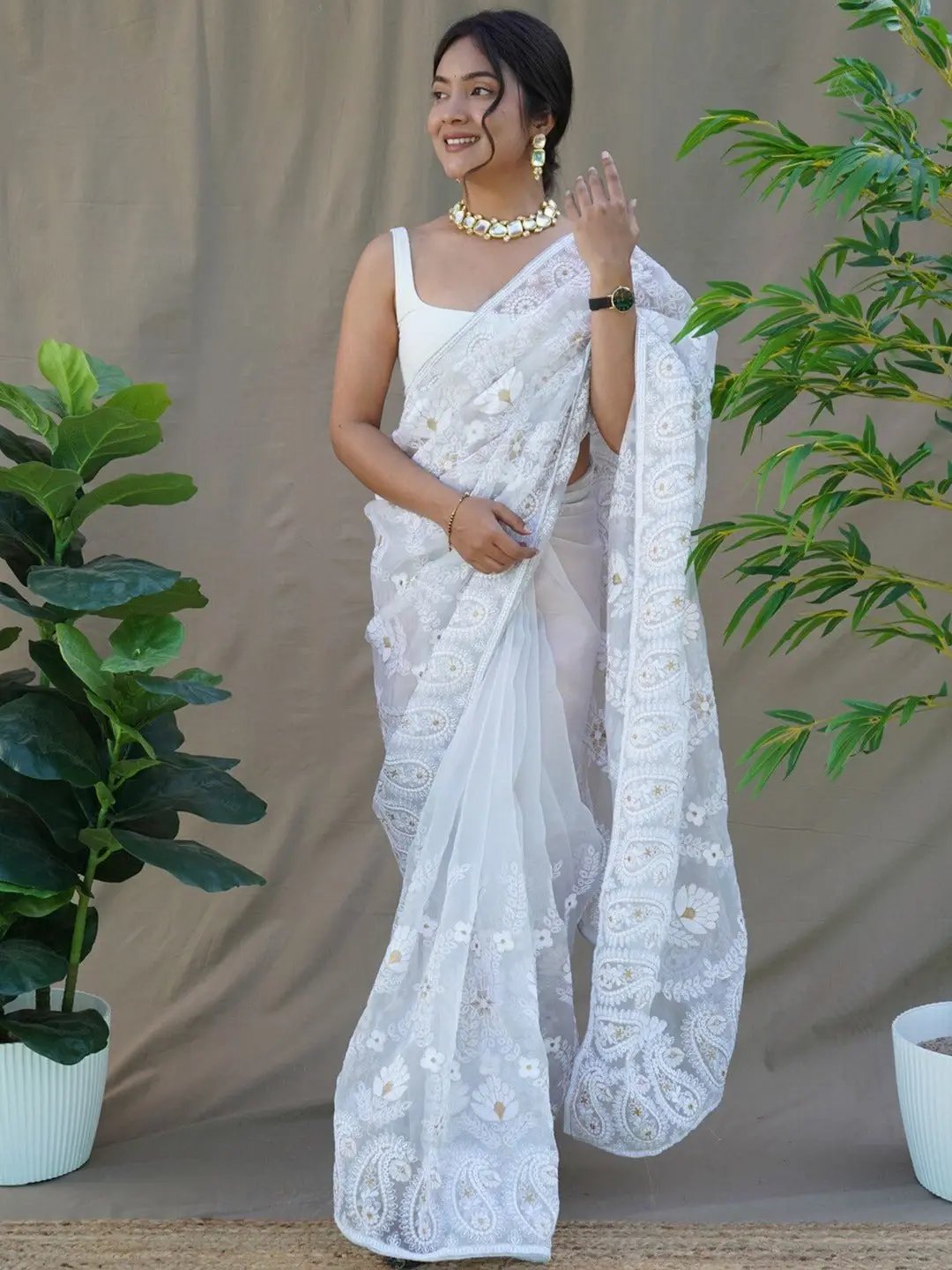 Buy White Colour Chikankari Organza Woven Design Saree