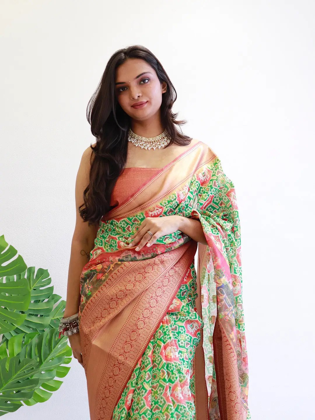 Chic Moonga Silk Kota Doriya saree featuring Patola digital print.