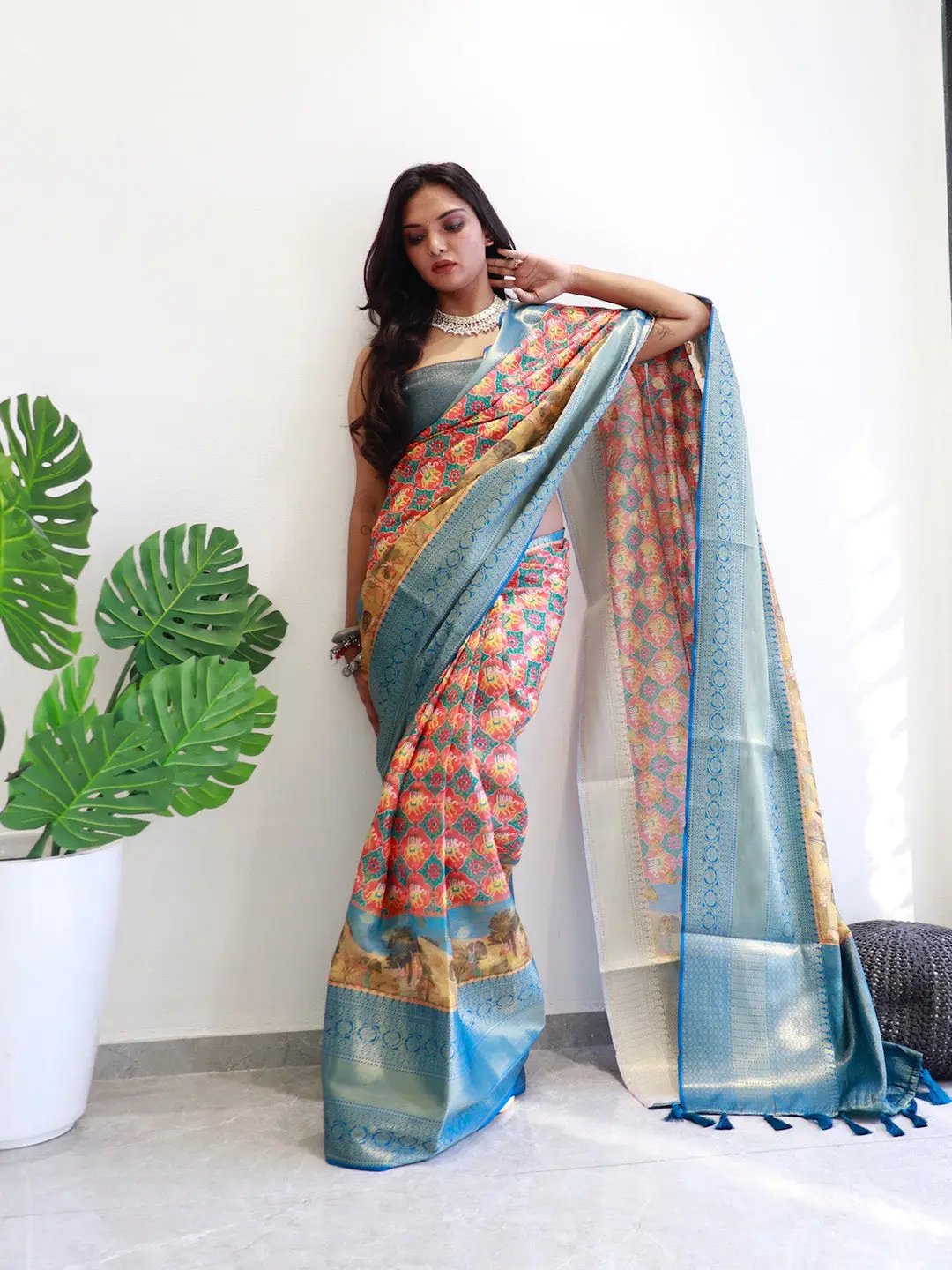 Designer party wear saree in Moonga silk with Patola print