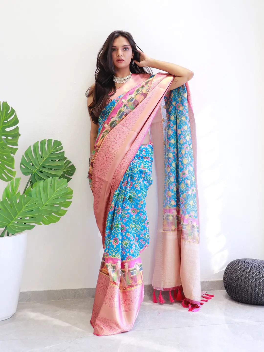 Elegant Patola digital printed saree in pink and blue hues