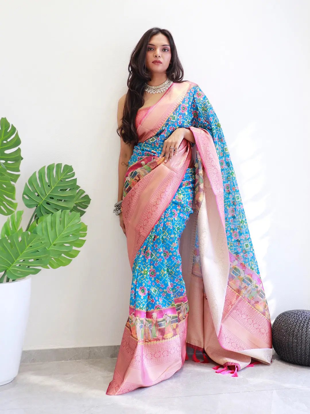 Moonga Silk Kota Doriya saree with pink and blue digital print