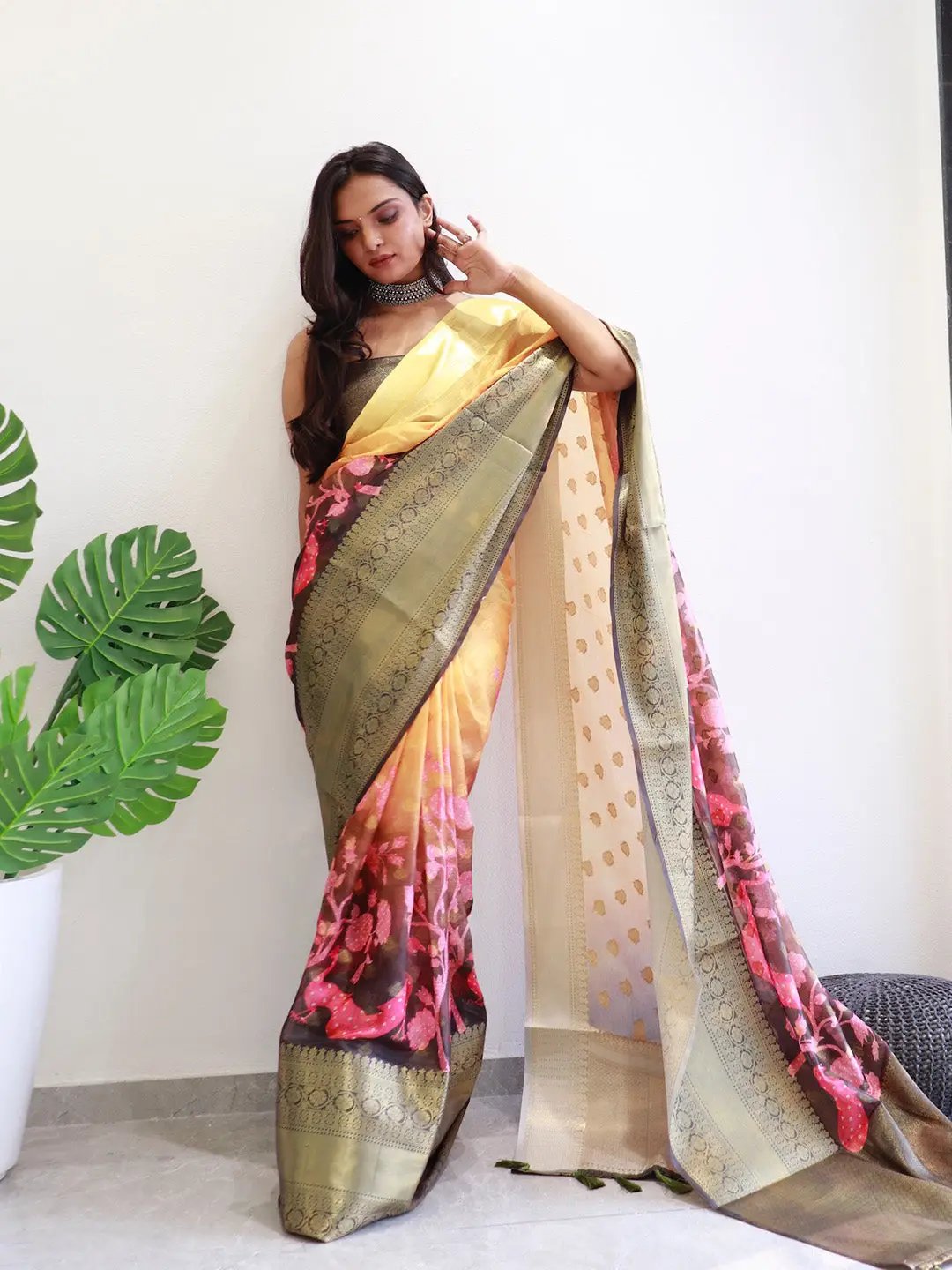 Hybrid Kalamkari Printed Kota Doriya Saree with floral design