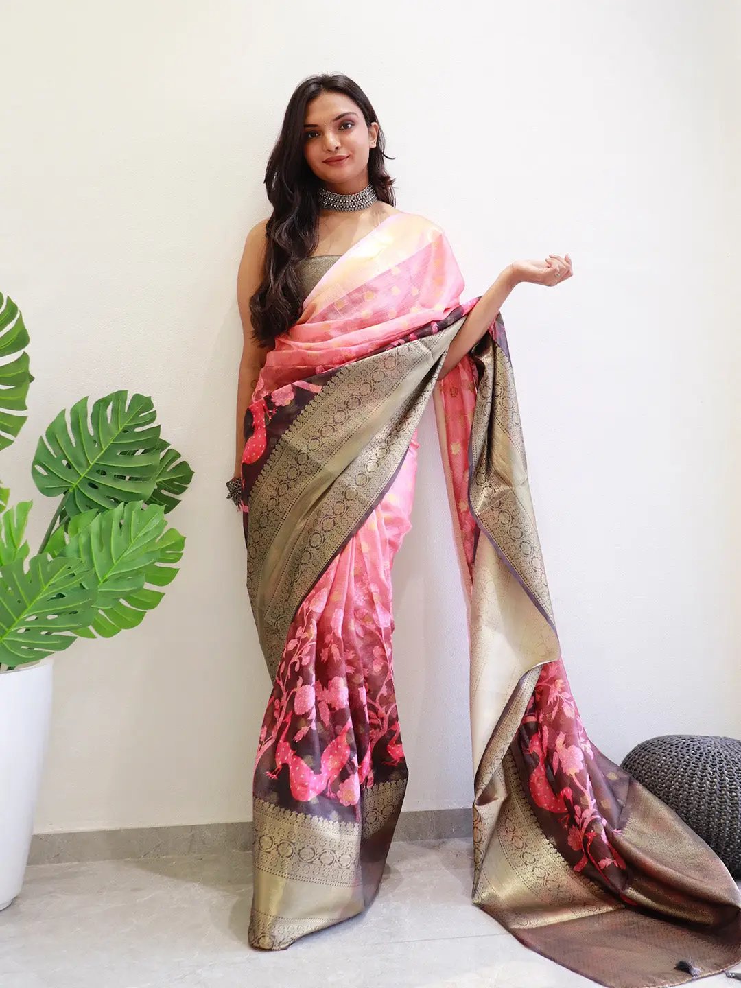 Heavy Kalamkari Print Soft Silk Saree with Muniya Border Paithani Pallu