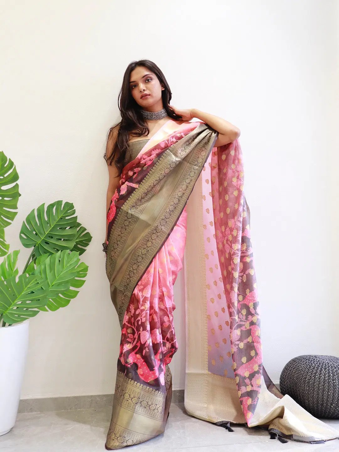 Hybrid Kalamkari Printed Kota Doriya Saree on model