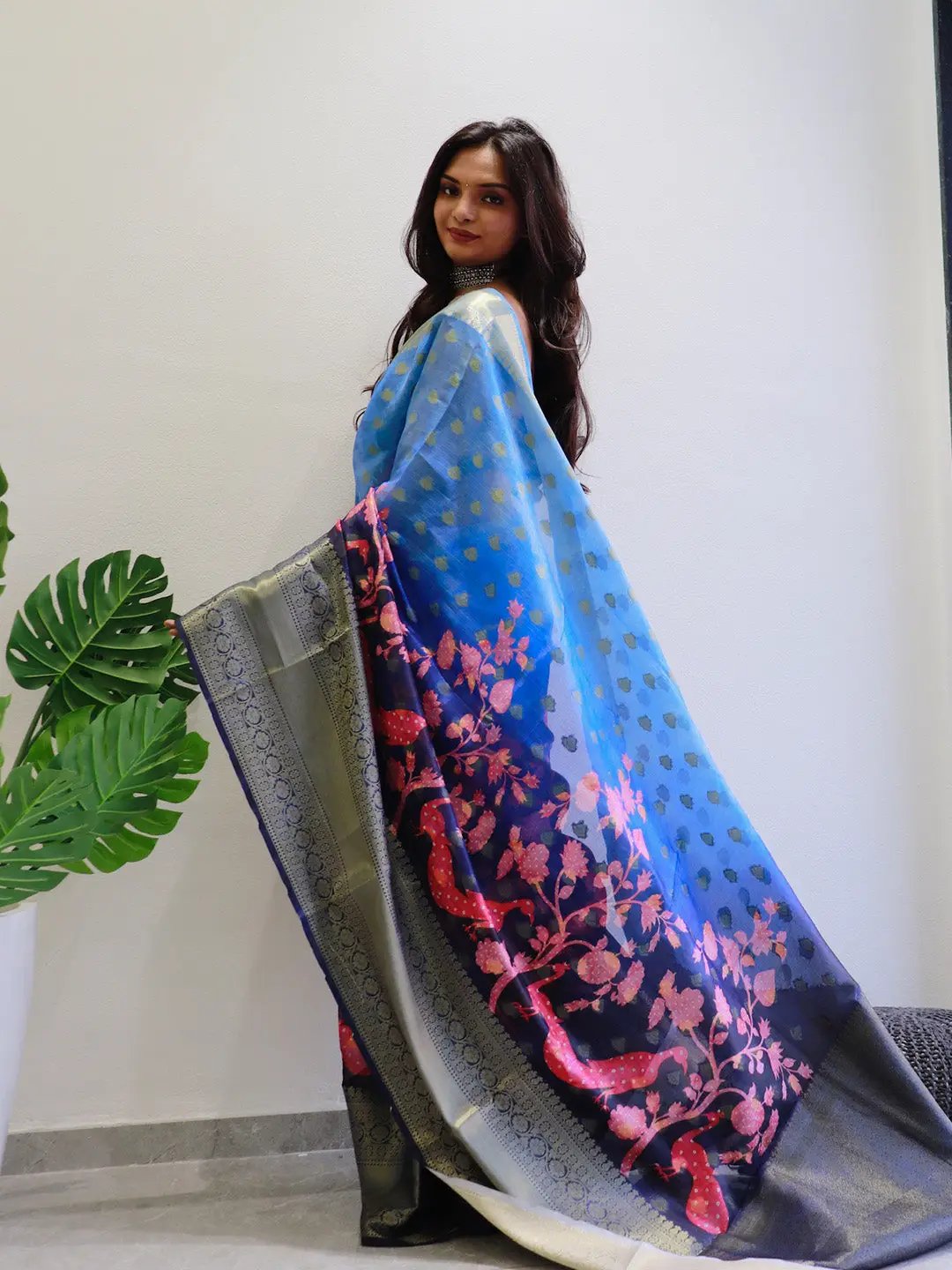 Back view of blue Kalamkari printed Kota Doriya saree.