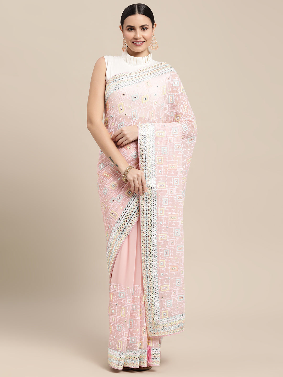 Pure Georgette With Chikankari Embroidered Work Saree