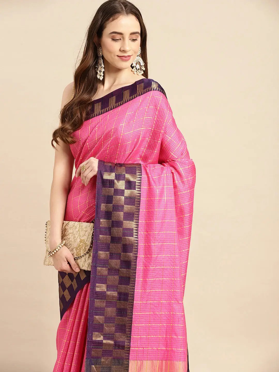 Pink and Chestnut color uppada pattu handloom saree with all over buties  with pochampally border design -