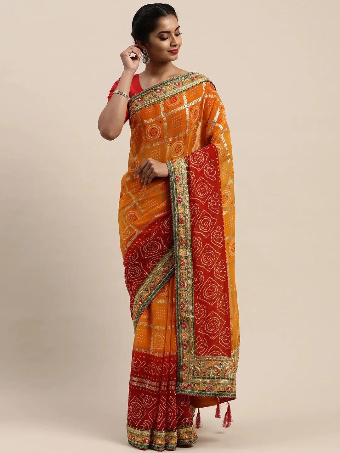 Poly Chiffon Foil & Bandhej Print Festive Saree