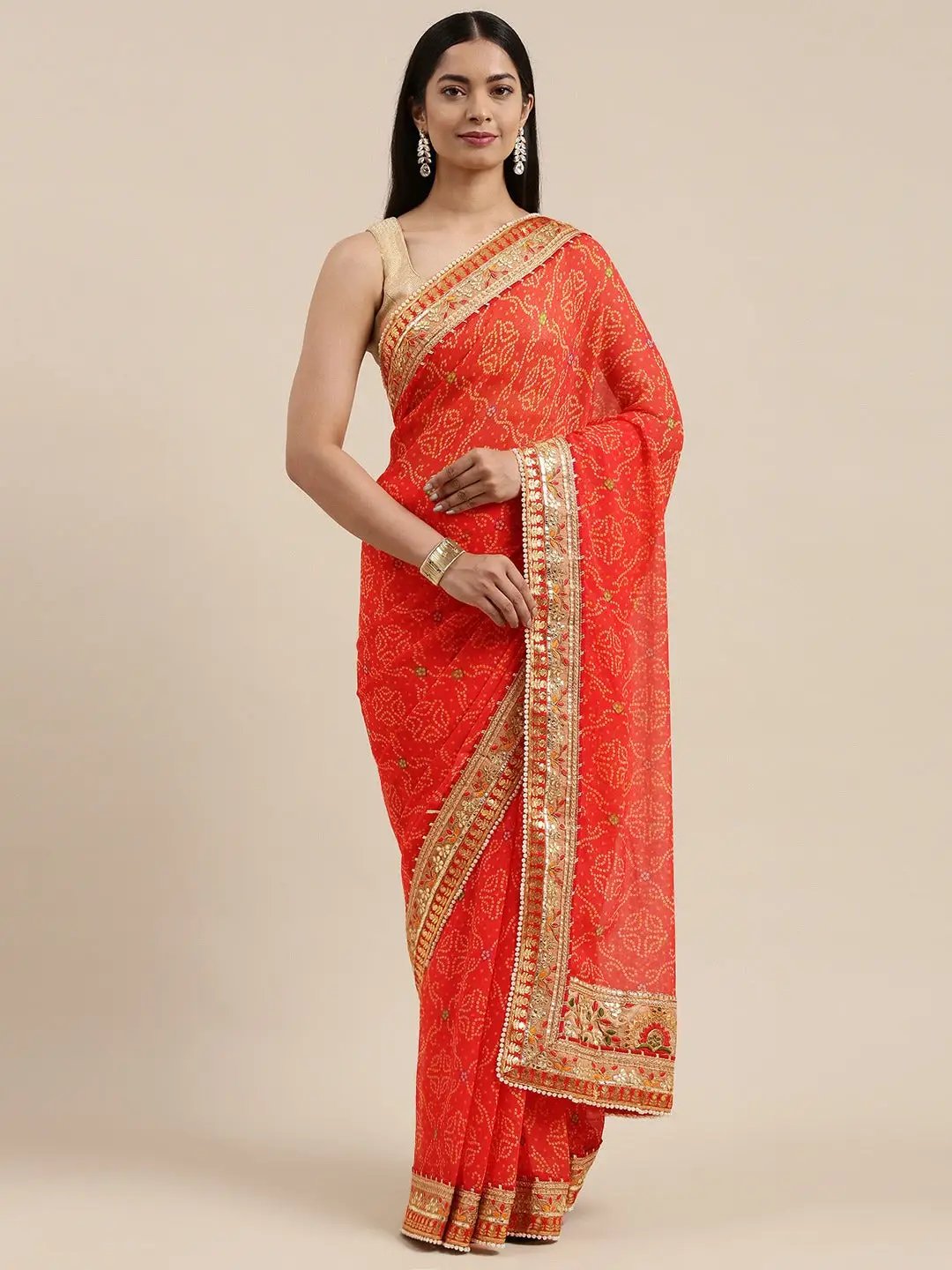 Bandhej Print Poly Chiffon Gota Patti Work Saree