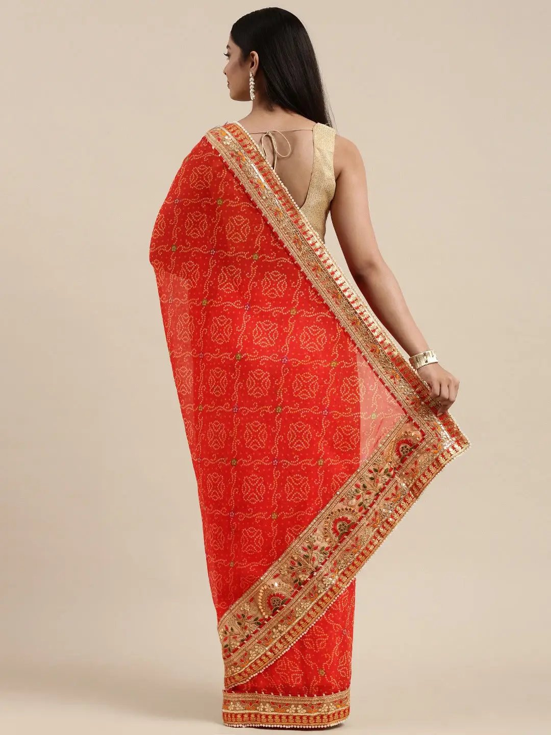 Bandhej Print Poly Chiffon Gota Patti Work Saree