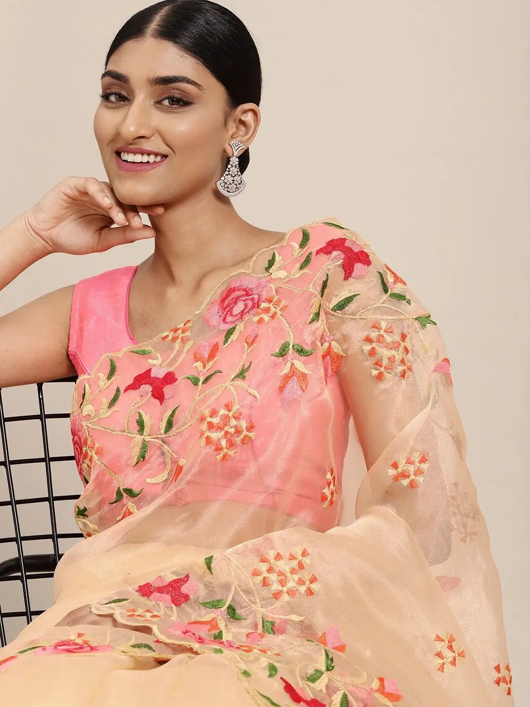 Soft Orgenza Embroidered Foil Print Saree