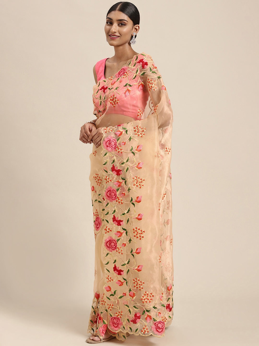 Soft Orgenza Embroidered Foil Print Saree