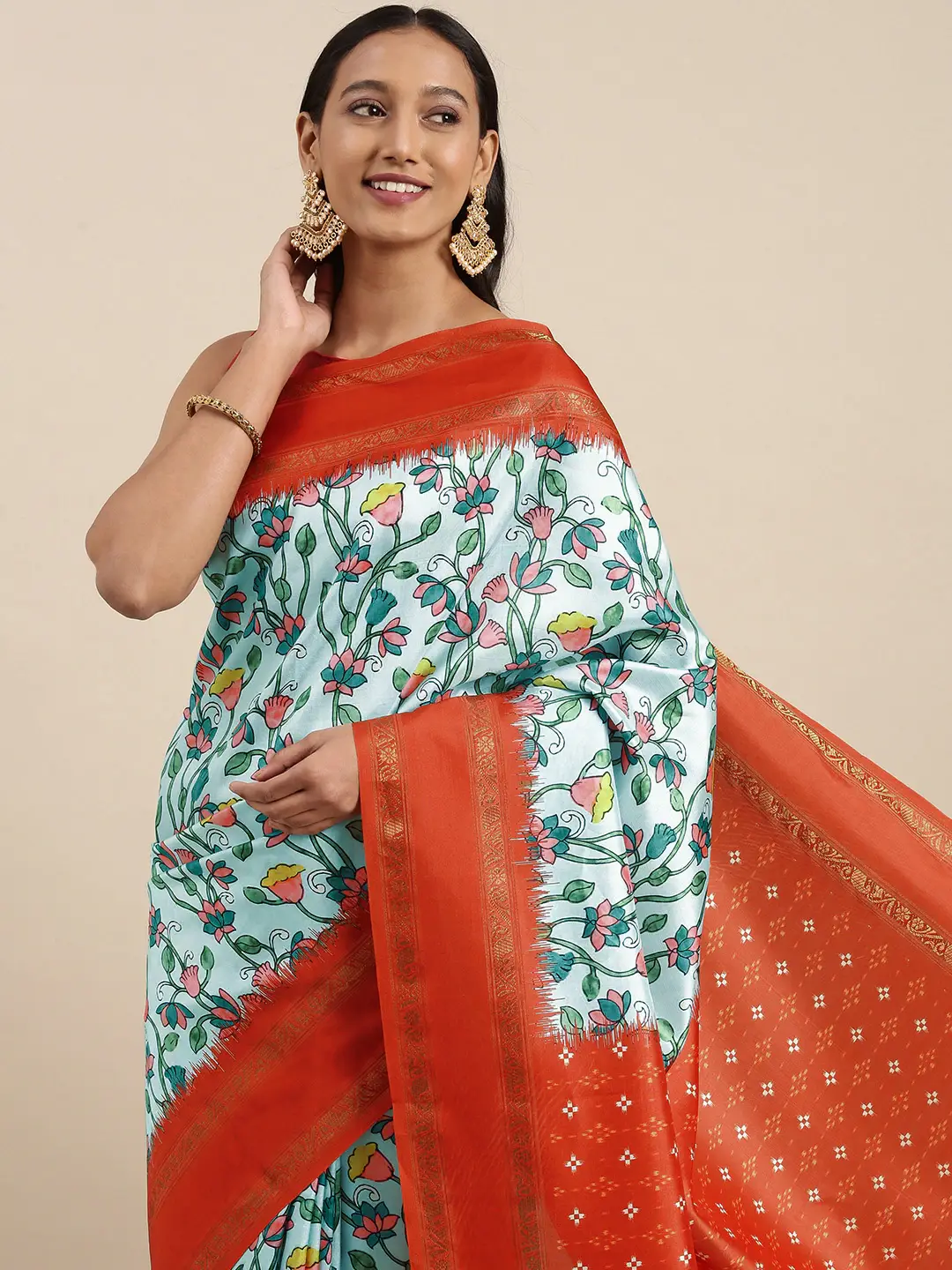 Soft Silk Kalamkari Saree With Digital Flower Print