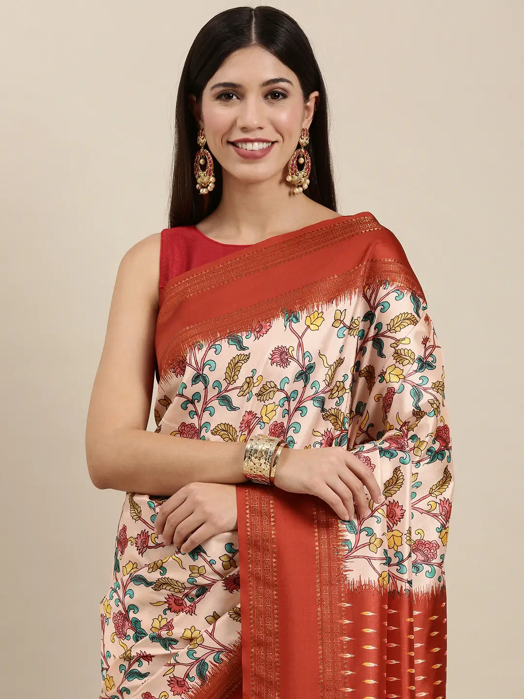 Soft Silk Kalamkari Saree With Digital Flower Print