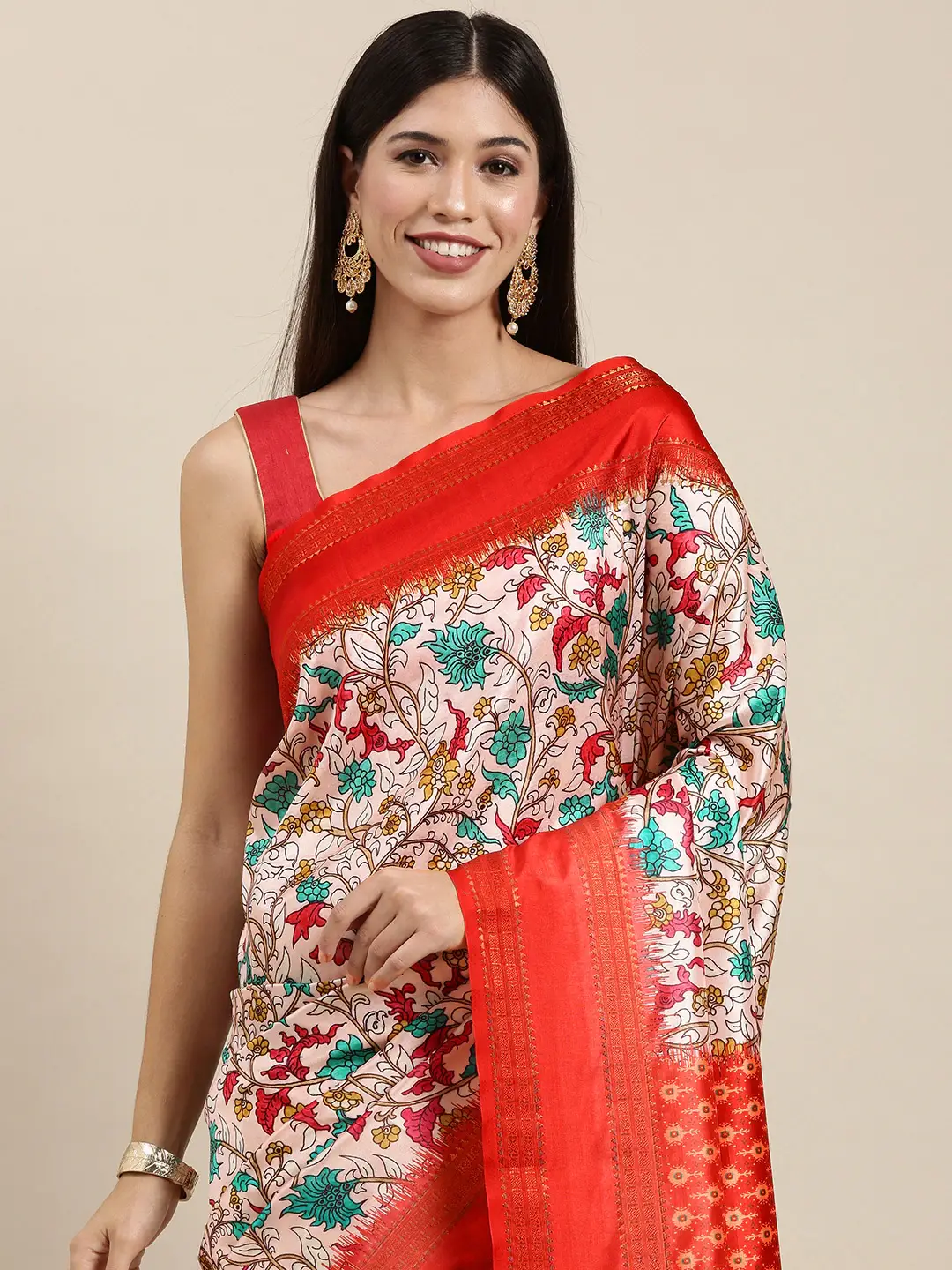 Soft Silk Kalamkari Saree With Digital Flower Print