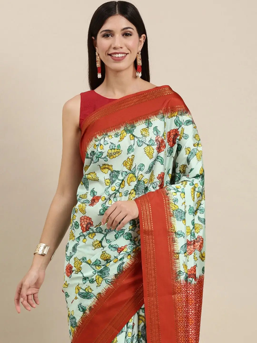 Soft Silk Kalamkari Saree With Digital Flower Print