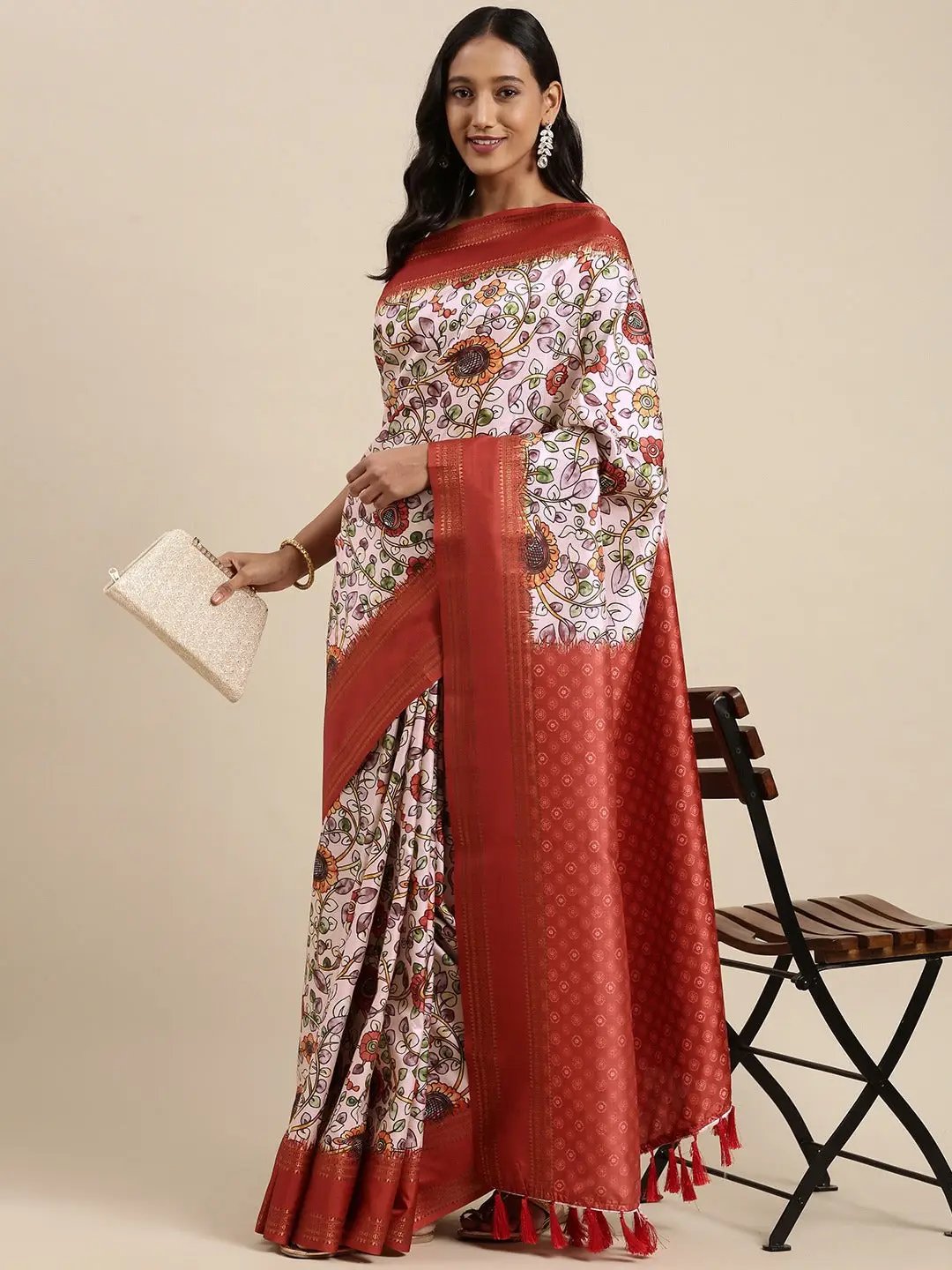 Soft Silk Kalamkari Saree With Digital Flower Print