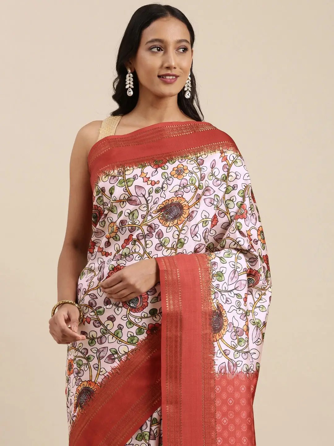 Soft Silk Kalamkari Saree With Digital Flower Print