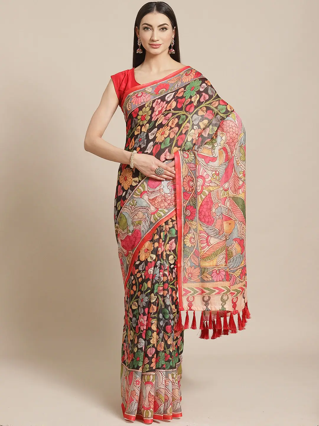 Pure Linen Pen Kalamkari Digital Print Saree