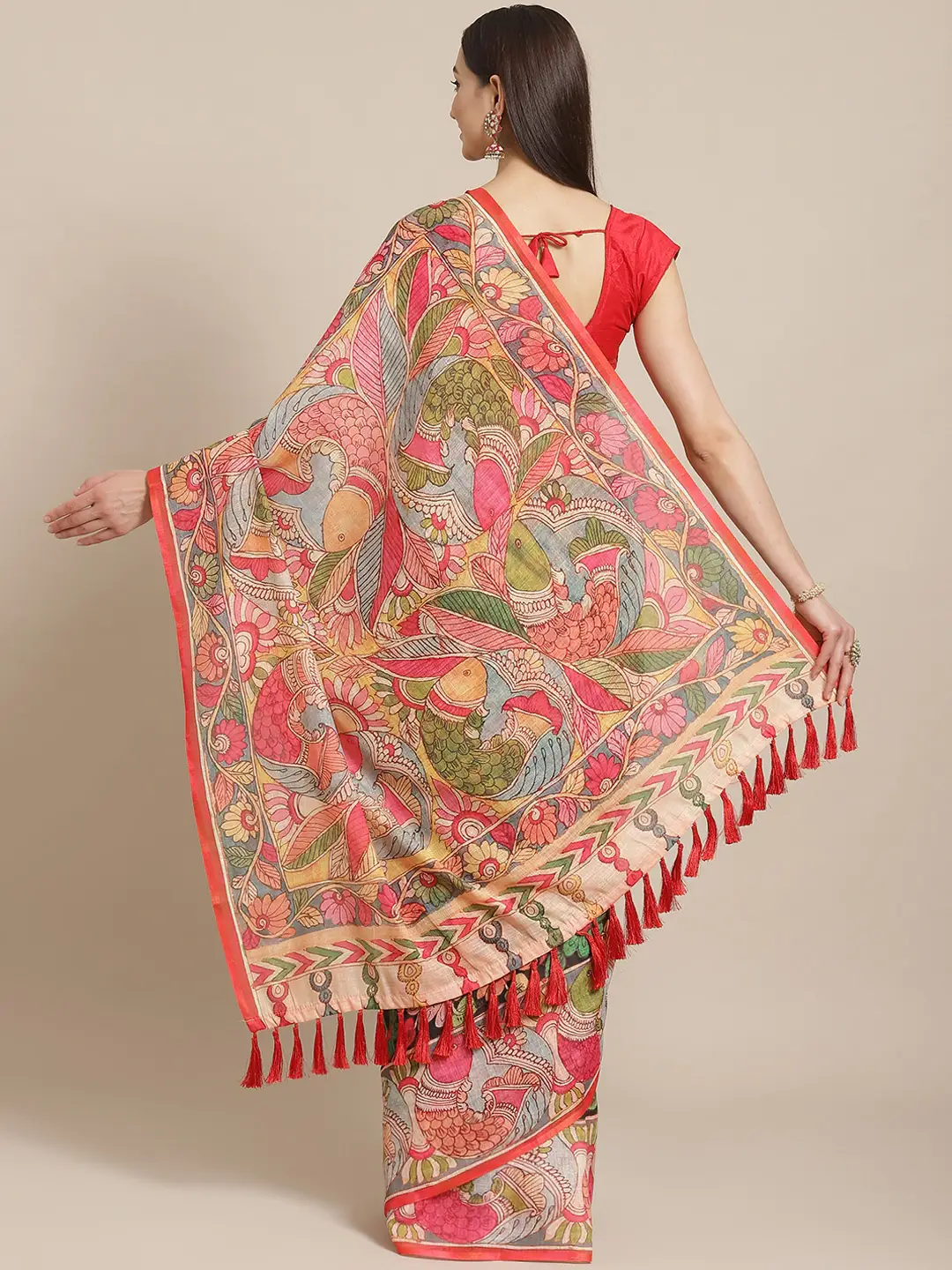 Pure Linen Pen Kalamkari Digital Print Saree