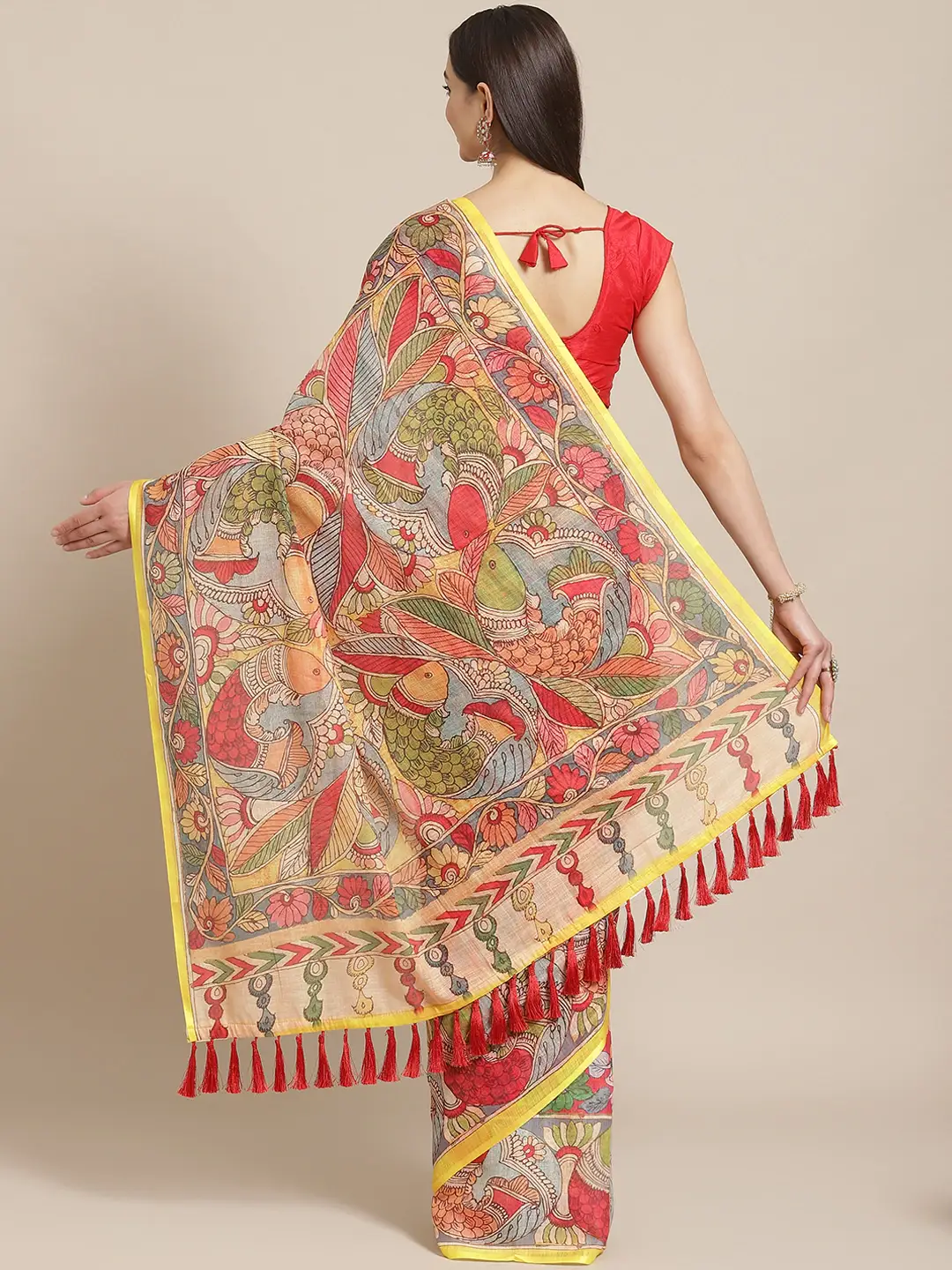 Pure Linen Pen Kalamkari Digital Print Saree