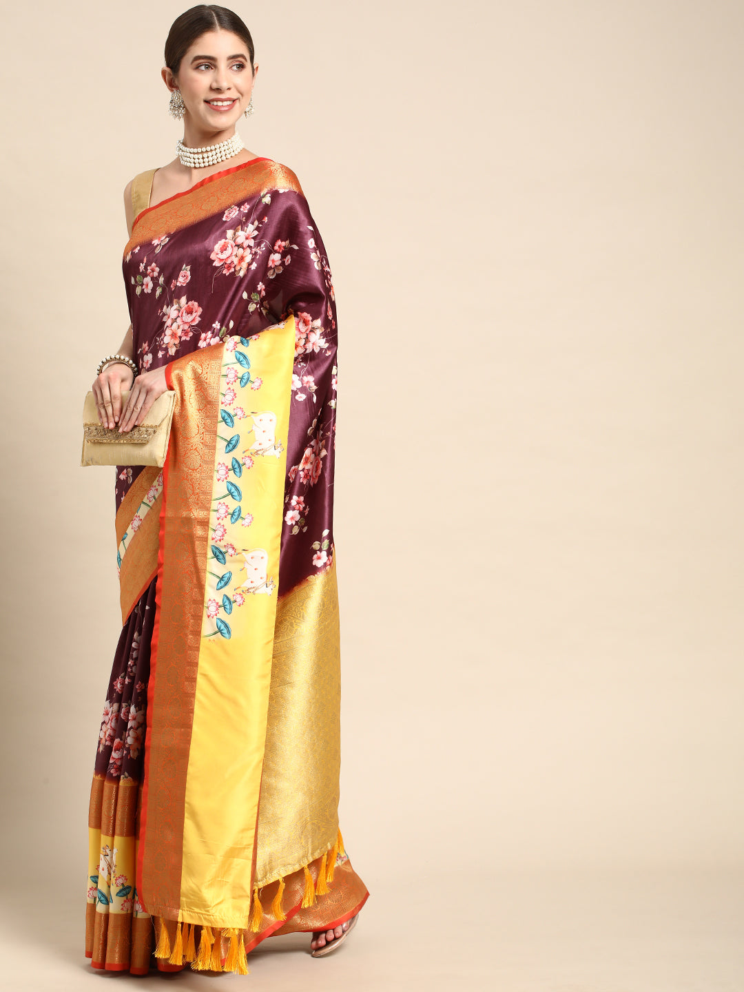 Soft Gadhwal Patti Woven Flower Pichwai Print Banarasi Saree