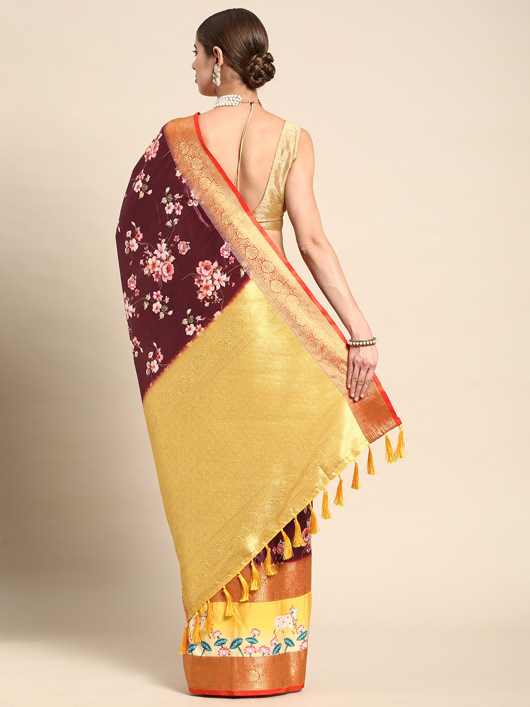 Soft Gadhwal Patti Woven Flower Pichwai Print Banarasi Saree