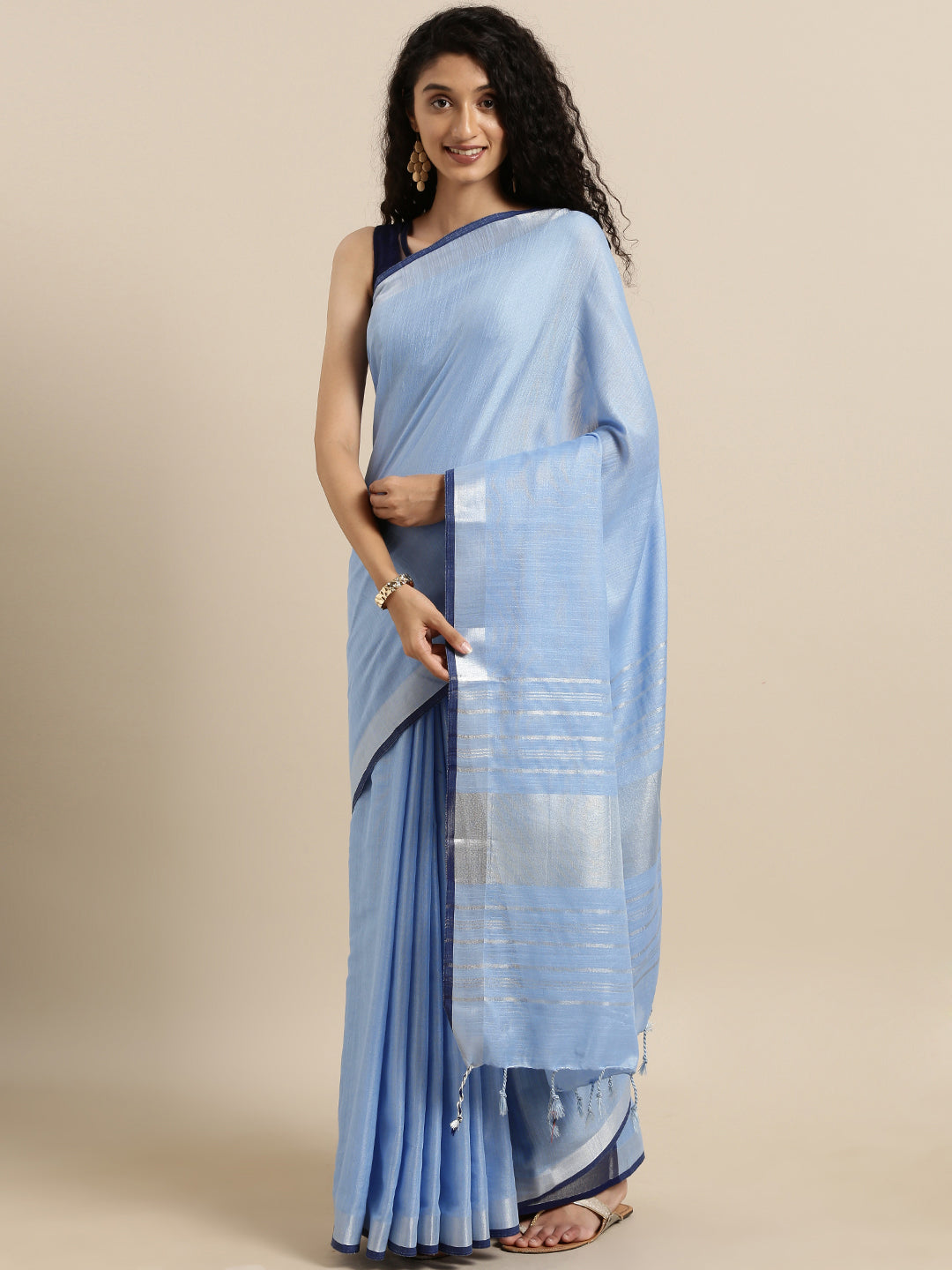 Blue Colour Stylish Solid Linen Saree With Zari Border