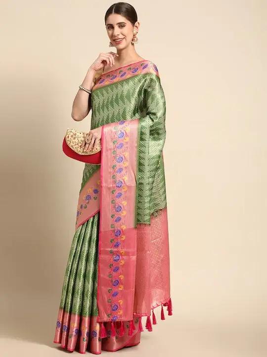 Kora Silk Banarasi Digital Print Saree With Zari border