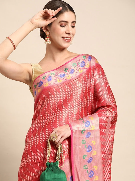 Kora Silk Banarasi Digital Print Saree With Zari border