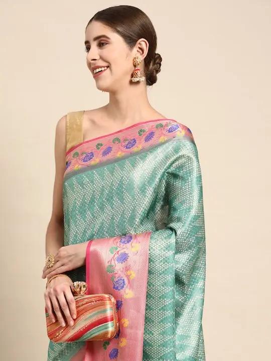 Kora Silk Banarasi Digital Print Saree With Zari border