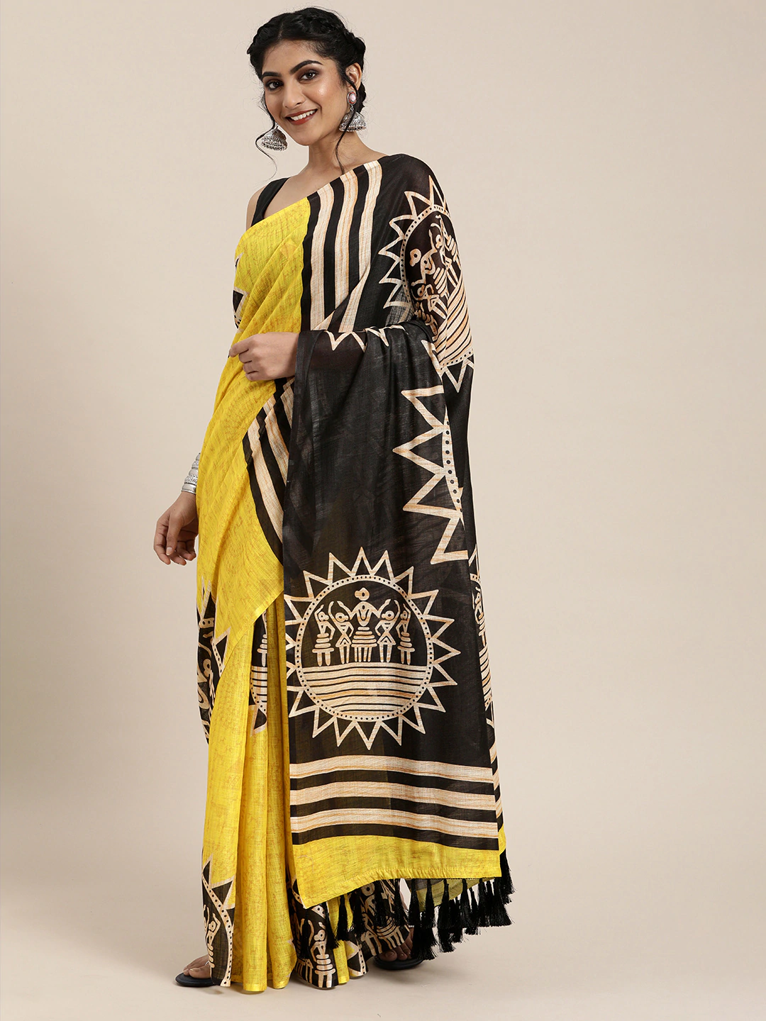 Stylish Linen Bandhani Saree with Ethnic Motifs