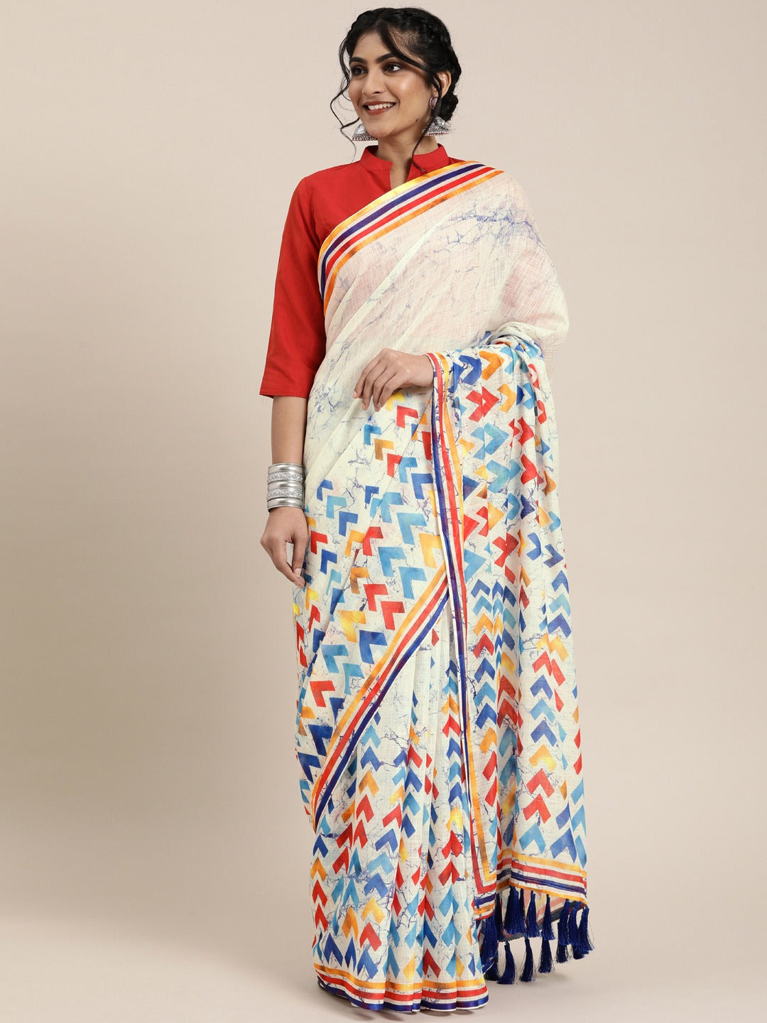 Stylish Linen Geometric Block Print Saree