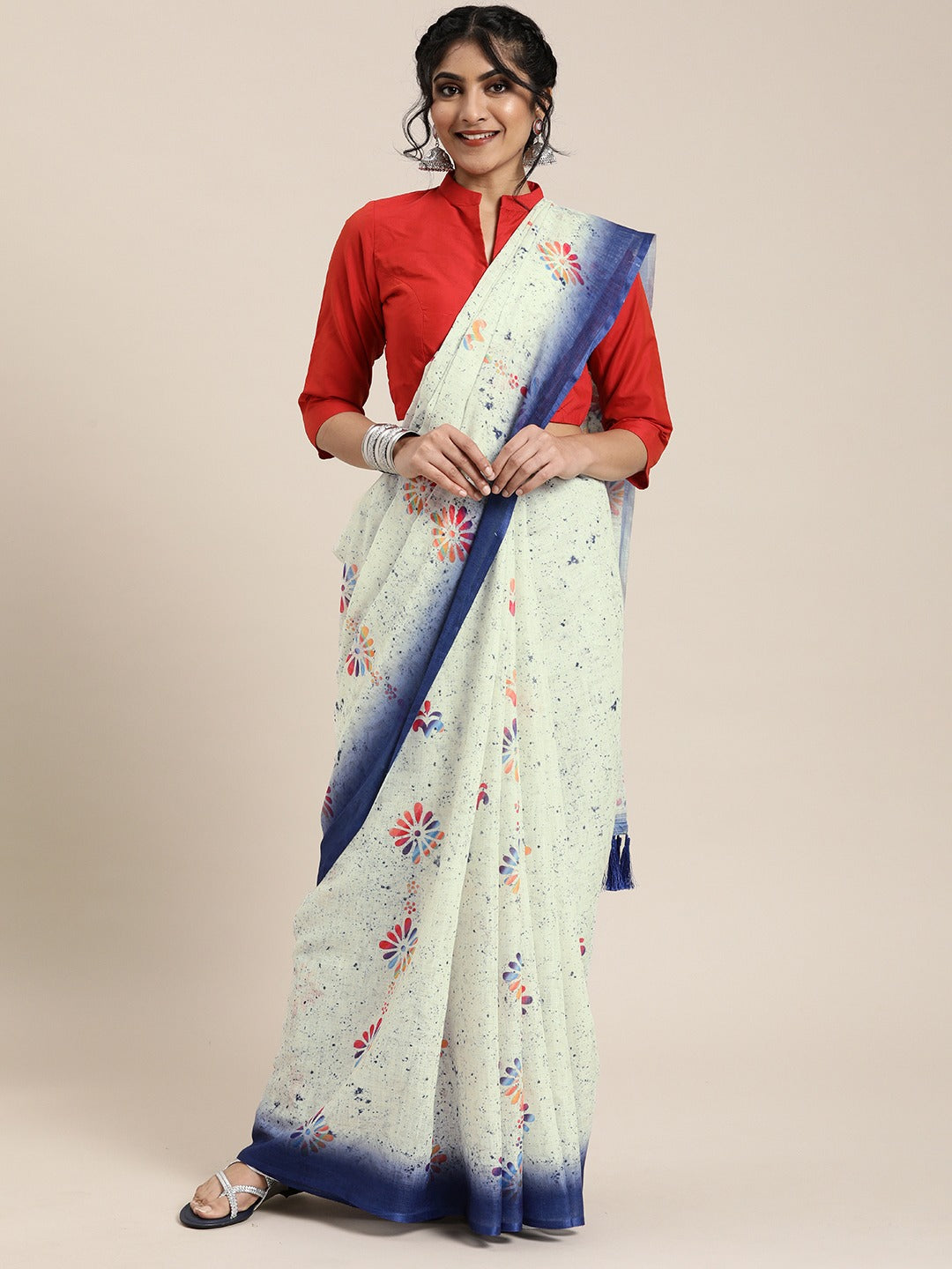 White Colour Exclusive Linen Block Print Saree