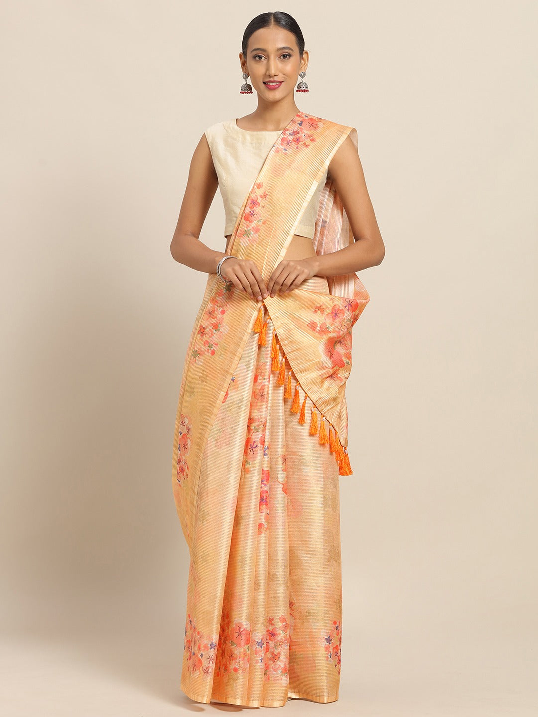 Yellow Colour Maheshwari Floral Printed Silk Saree