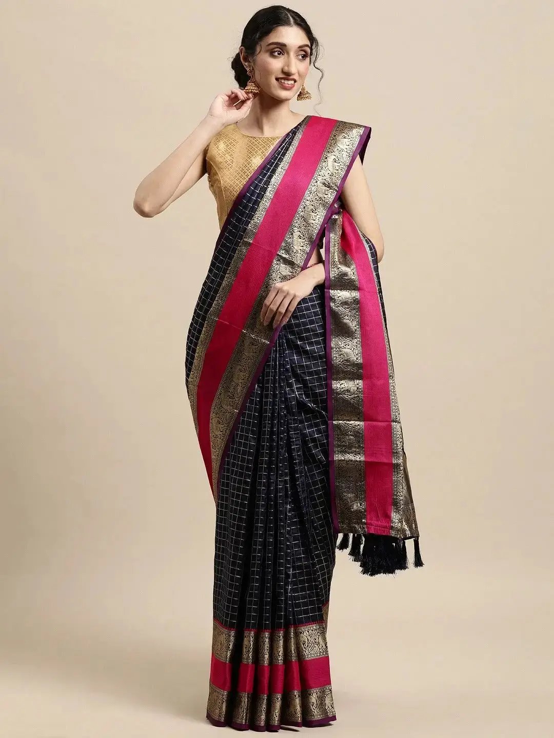 Banarasi Silk Saree With Checked Pattern &  Woven Border