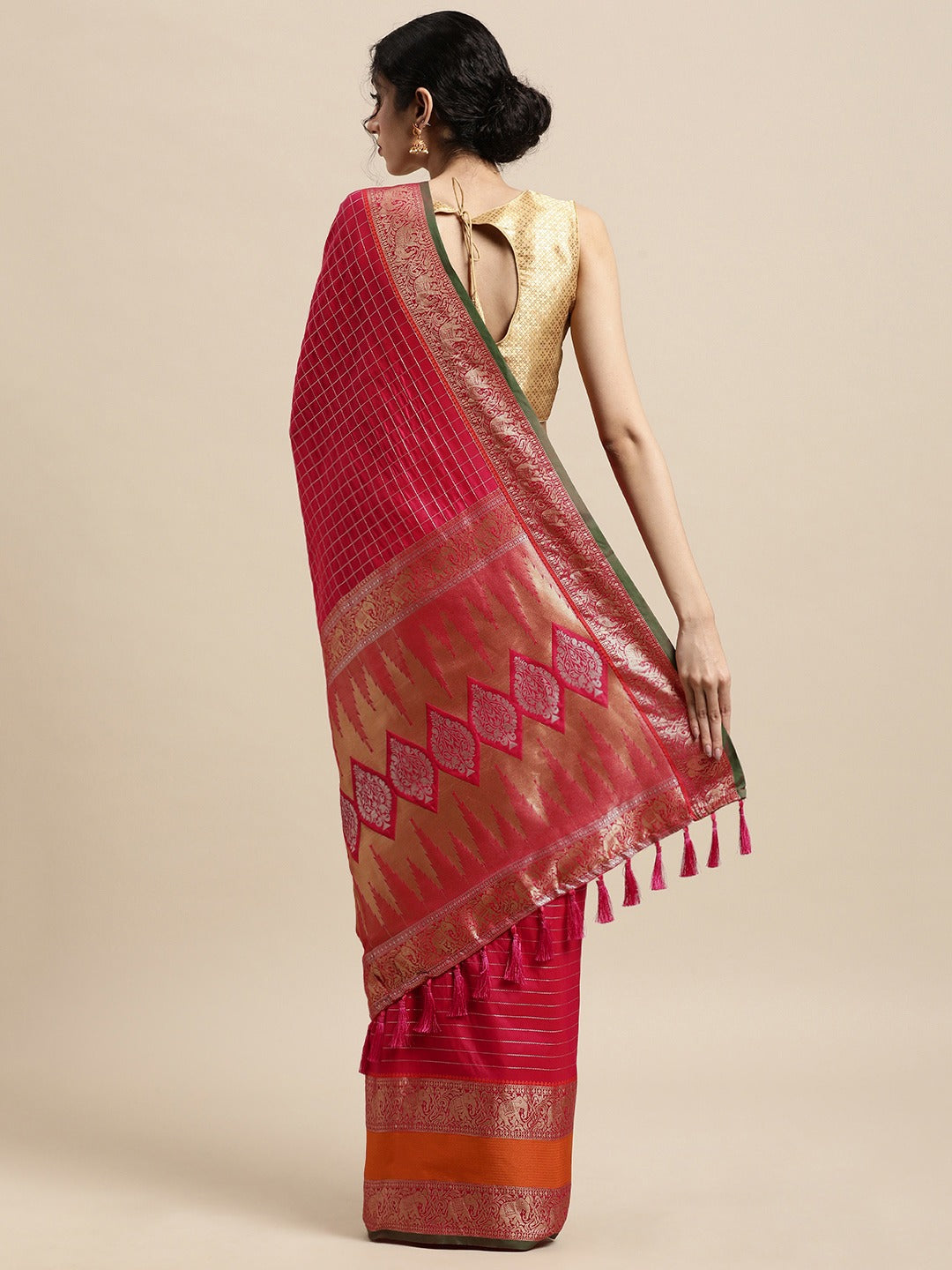 Stylish Banarasi Silk Saree with Checks and Woven Border