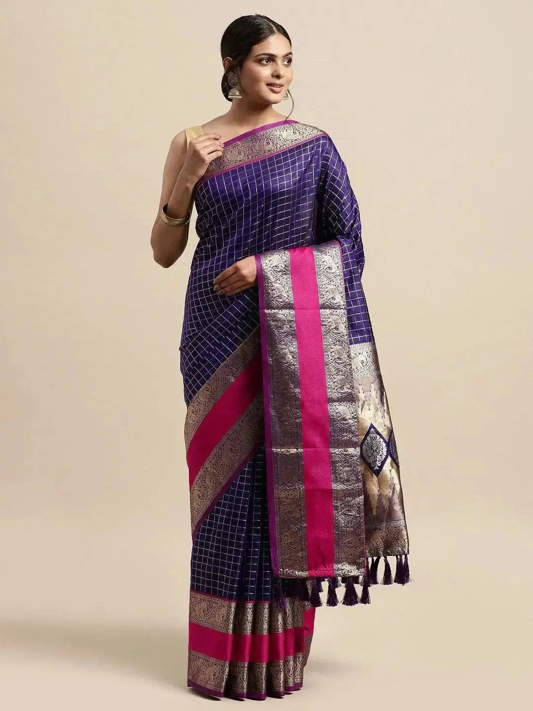  Banarasi Silk Saree with Checked Pattern & Woven Border